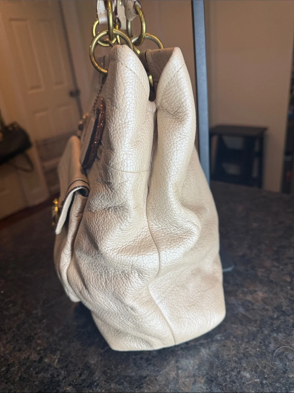 Coach Penelope Champagne Metallic Leather Shoulder Tote with Gold Hardware